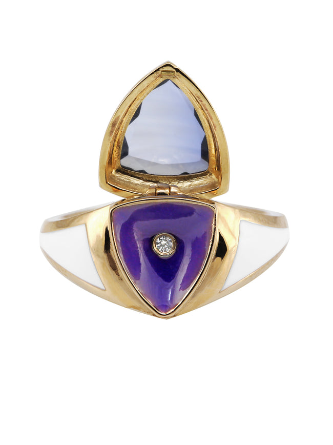 White Enamel with Light Blue Sapphire Shield Ring