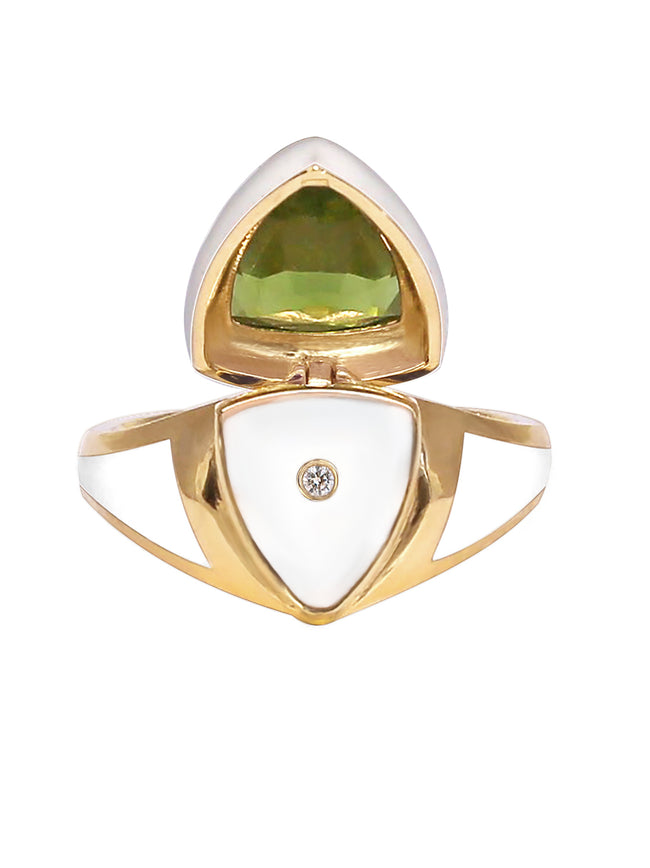 White Enamel with Peridot Shield Ring