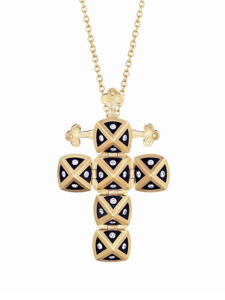 White Gold Cross with Blue Enamel and Diamonds