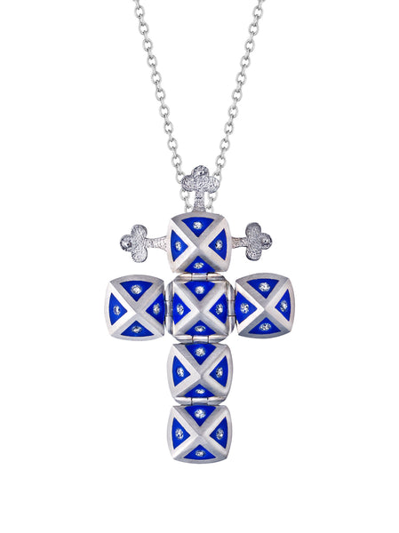 White Gold Cross with Blue Enamel and Diamonds