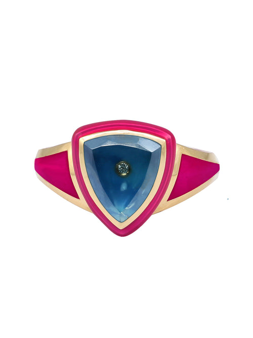 Hot Pink Enamel with Light Green Ombré Sapphire Shield Ring