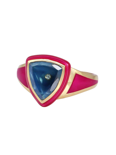 Hot Pink Enamel with Light Green Ombré Sapphire Shield Ring