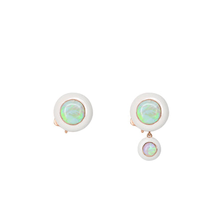 Yellow Gold Hidden Gem Earrings with White Enamel and Pink Quartz
