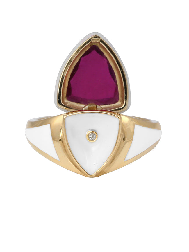 White Enamel with Ruby Shield Ring