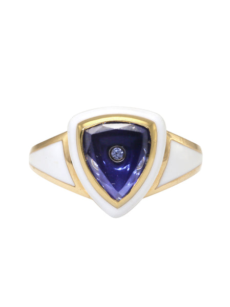 White Enamel with Light Blue Sapphire Shield Ring