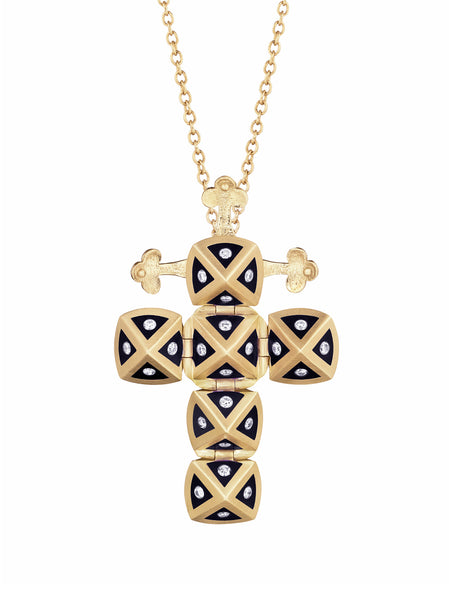 Yellow Gold Cross with Black Enamel and Diamonds