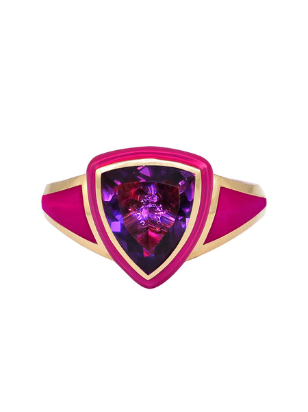 Hot Pink Enamel with Light Green Ombré Sapphire Shield Ring